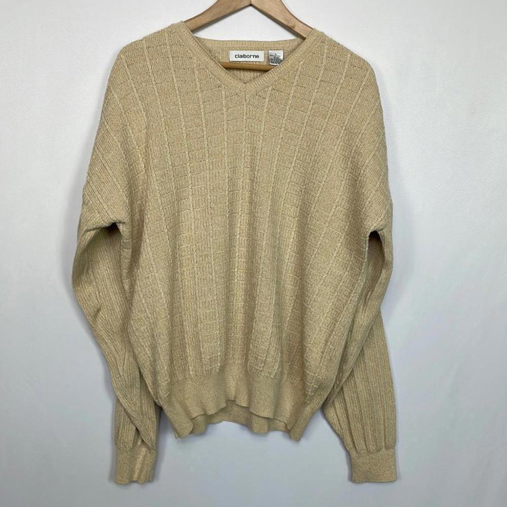 Claiborne Womens V Neck Oversized Knit Sweater Cream Size L